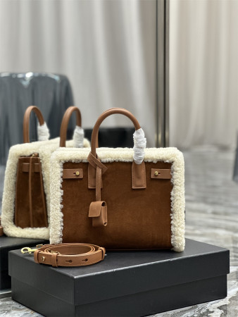 y*l sac de jour S*pple samll in suede and shearling dark cigar and natural beige