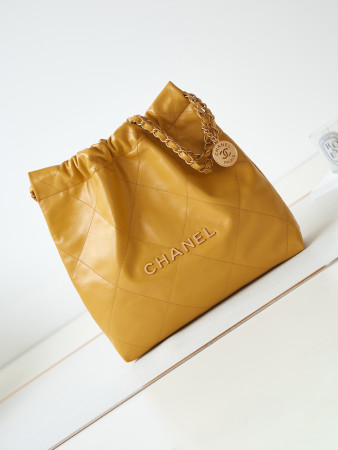 Ch*el 22 small handbag shiny calfskin yellow 13.7×14.4×2.7 in