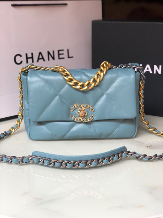 Ch*el 19 handbag shiny leather, gold-tone, silver-tone & ruthenium-finish metal blue 6.2 × 10.1 × 3.5 in