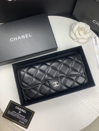 Ch*el flap wallet black silver 19.5 x10 cm