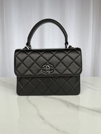 Ch*el flap bag with top handle black 6.6 × 9.8 × 4.7 in