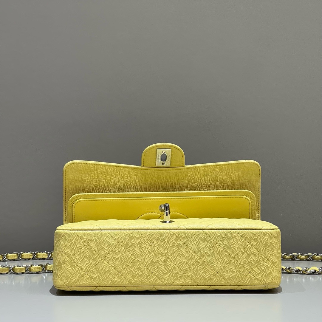 Ch*el classic handbag grained calfskin & silver - tone metal yellow 6×9.9×2.5in