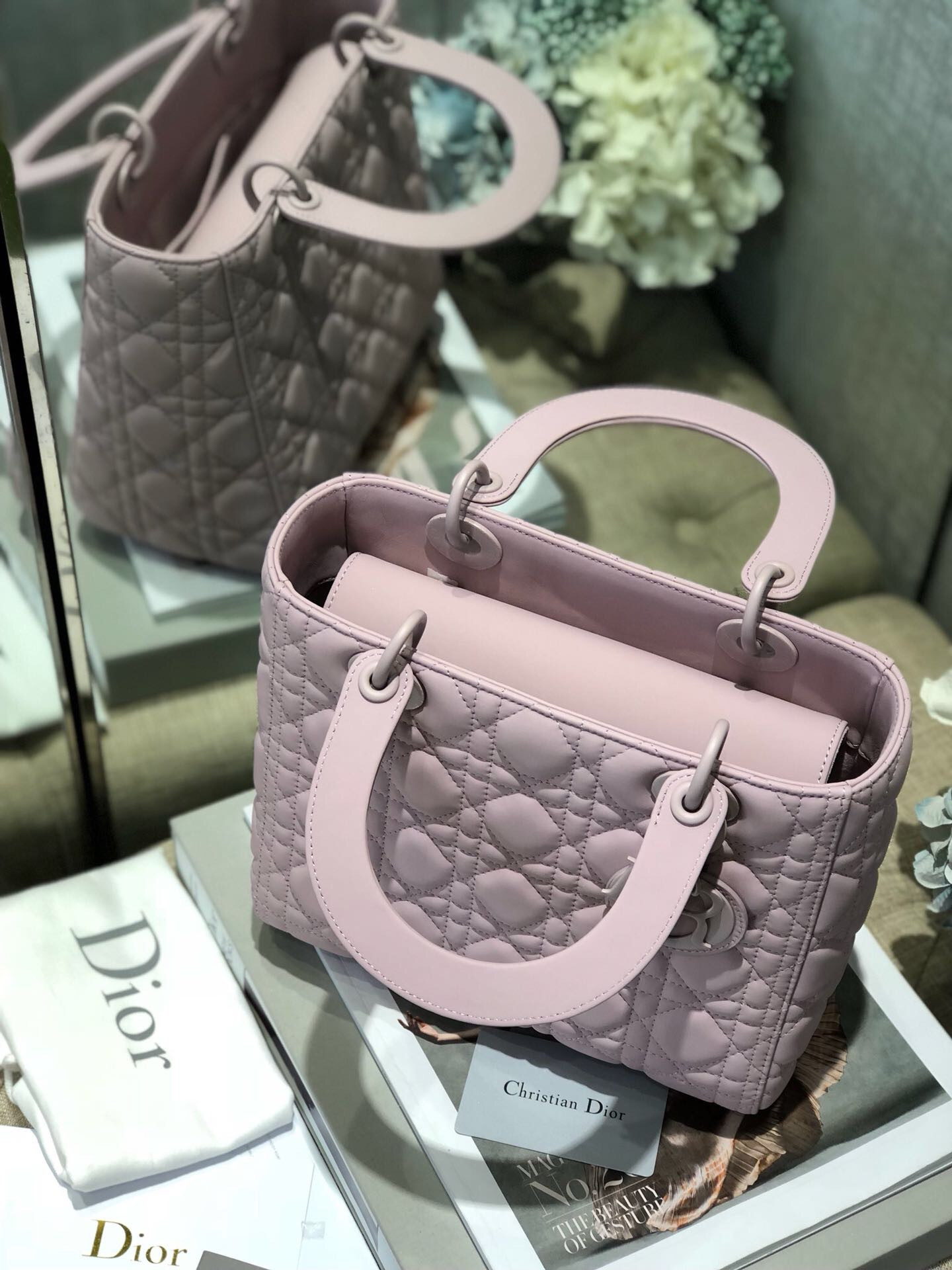 medium lady D*or bag 9.5 x 8 x 4.5 inches