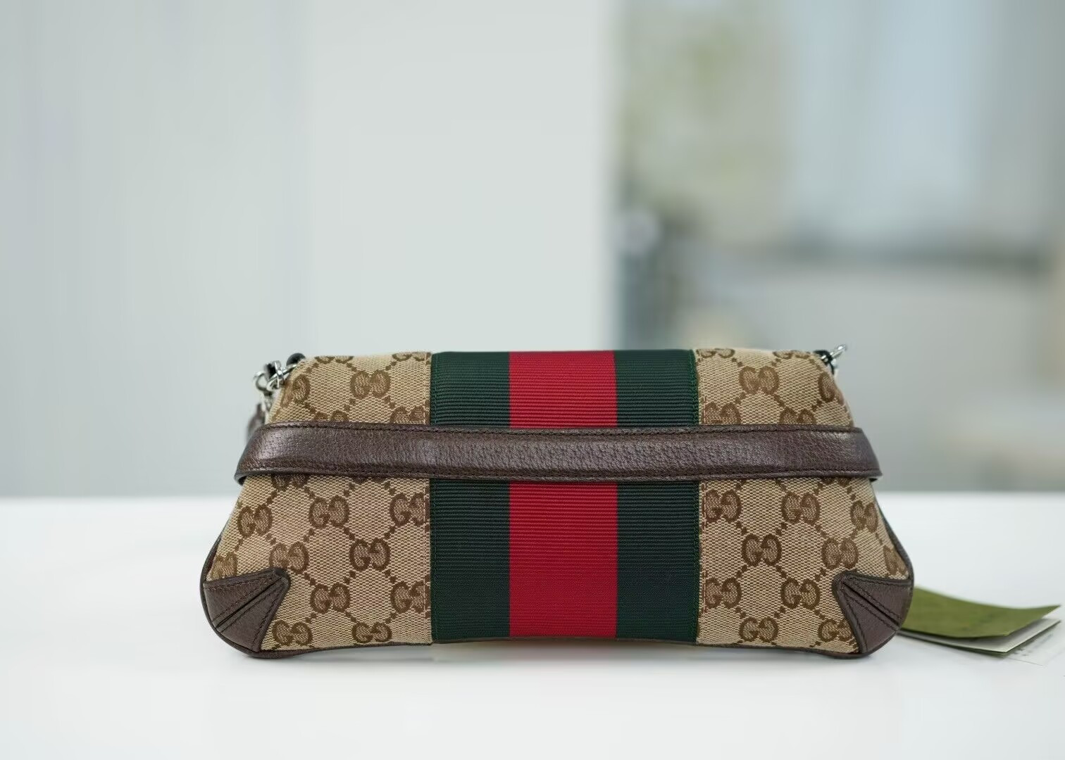 G*u*i monogram textured dollar calfskin heavy grosgrain web medium maxi horsebit chain shoulder bag 27x11.5x5cm