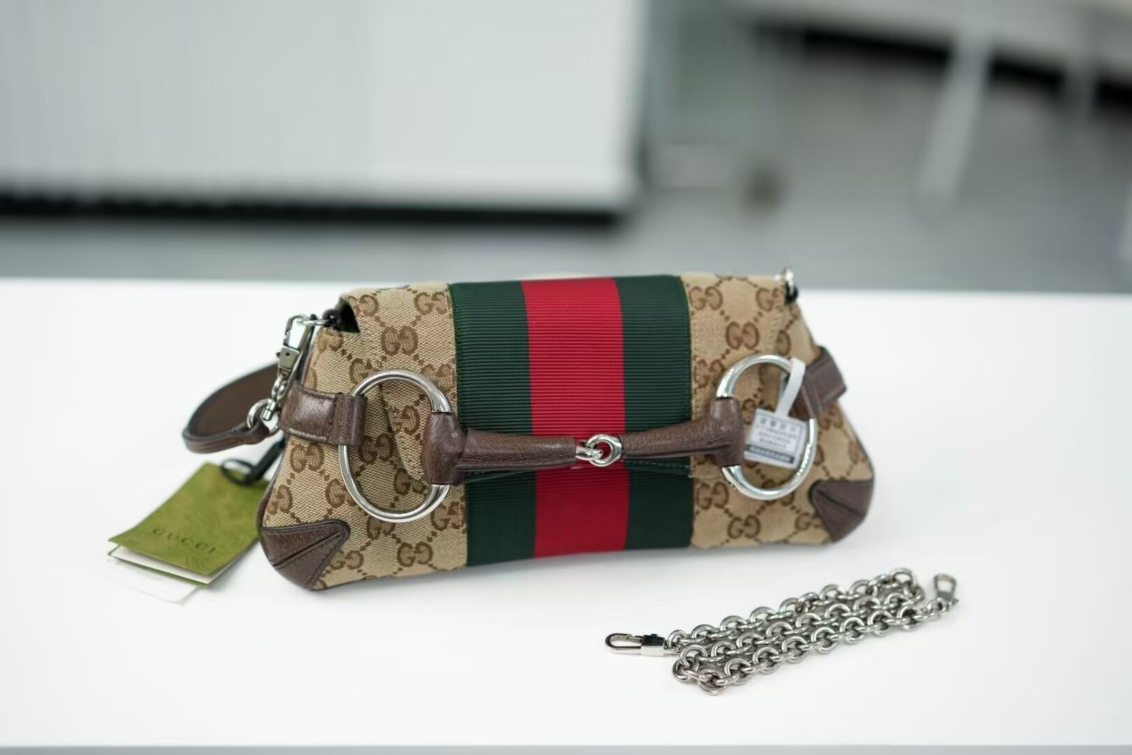 G*u*i monogram textured dollar calfskin heavy grosgrain web medium maxi horsebit chain shoulder bag 27x11.5x5cm