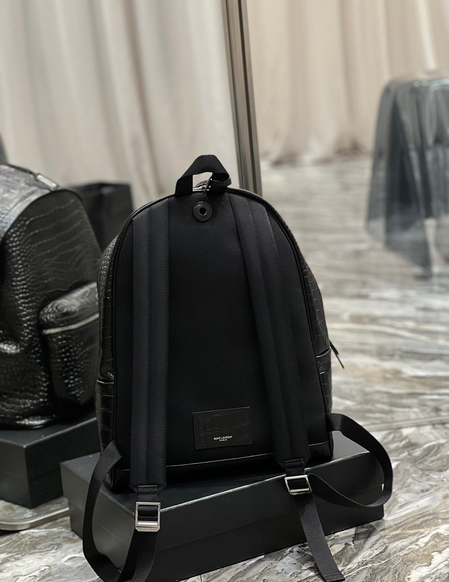 Y*L city backpack in crocodile-embossed leather 12.2 x 16.1 x 8.6 inches