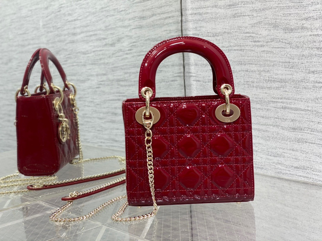 mini lady D*or bag  cherry red patent cannage calfskin 6.5 x 6 x 3 inches