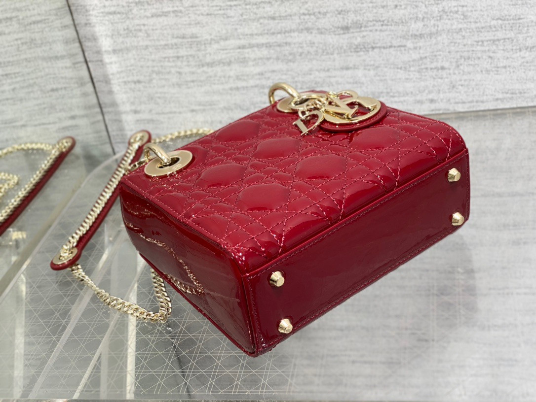 mini lady D*or bag  cherry red patent cannage calfskin 6.5 x 6 x 3 inches