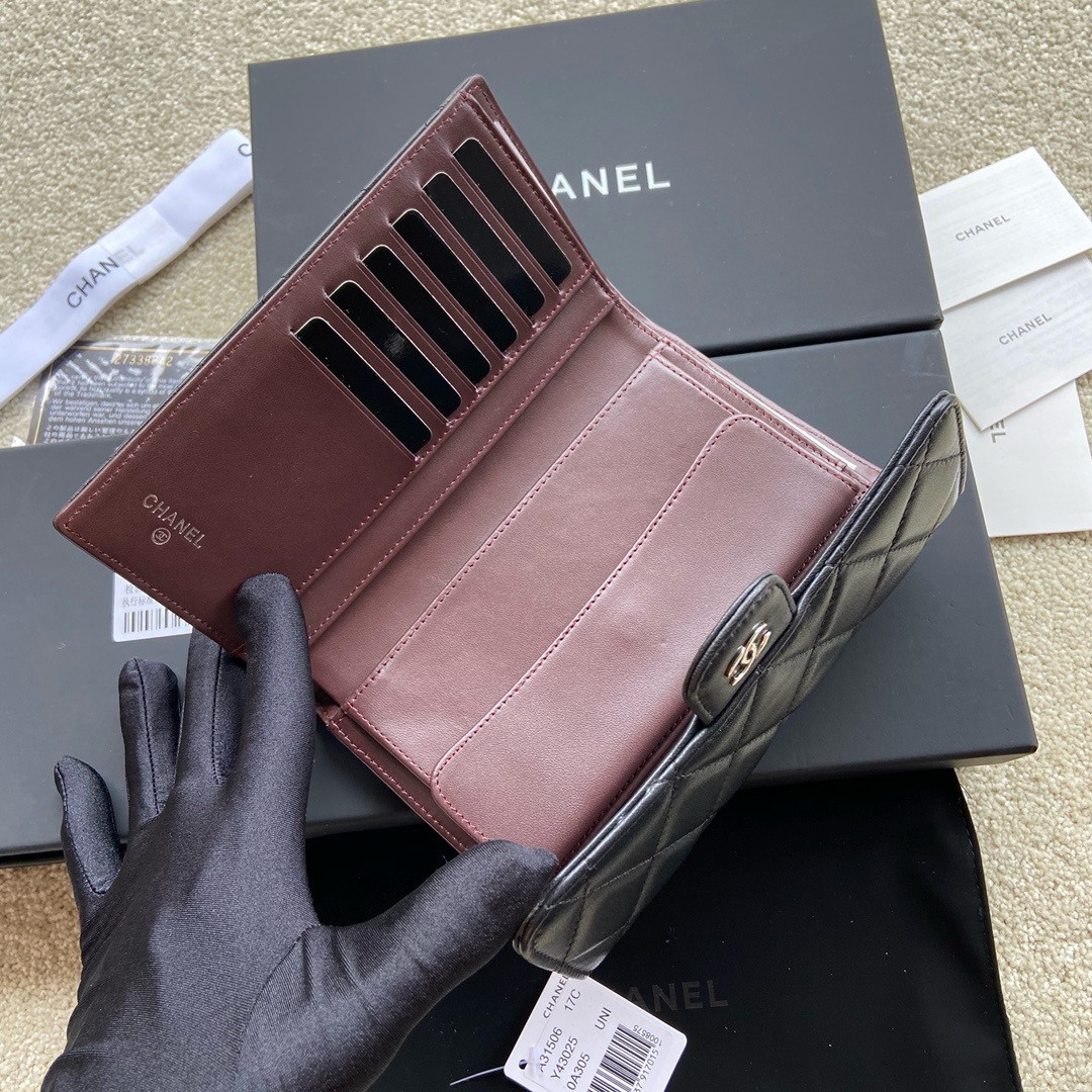 Ch*el flap wallet black silver 19.5 x10 cm