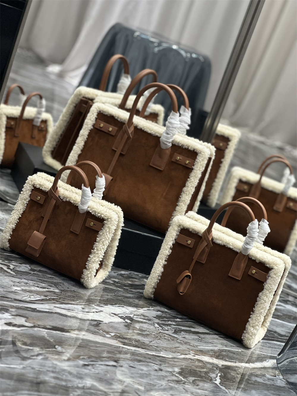 y*l sac de jour S*pple nano in suede and shearling dark cigar and natural beige