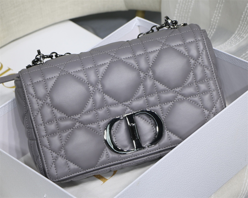 medium d*or caro bag grey S*pple cannage calfskin with black hardware 25.5 x 15.5 x 8 cm