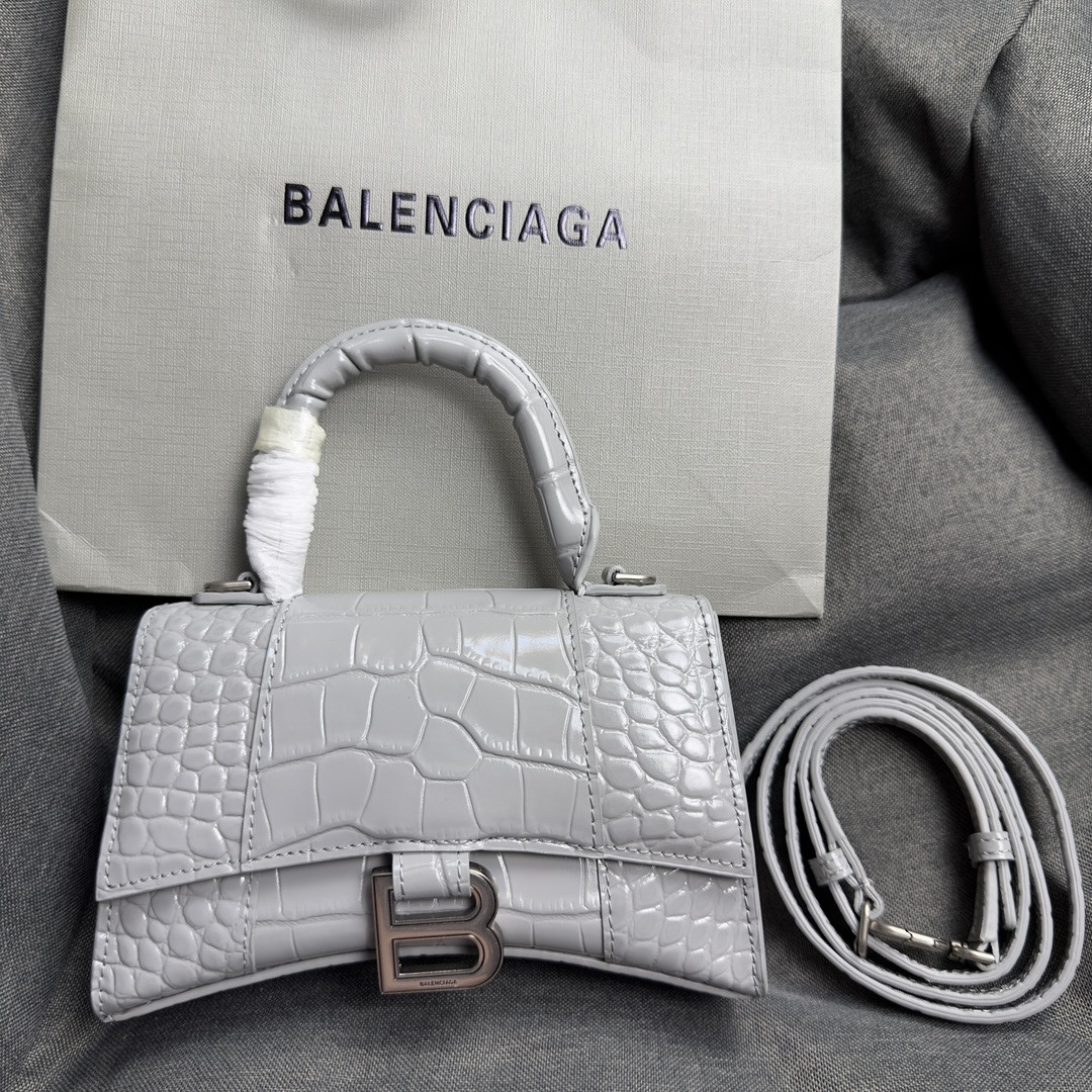 Ba*len*cia*ga women's hourglass mini handbag crocodile embossed in light gray l7.4 x h5.1 x w3.1 inch
