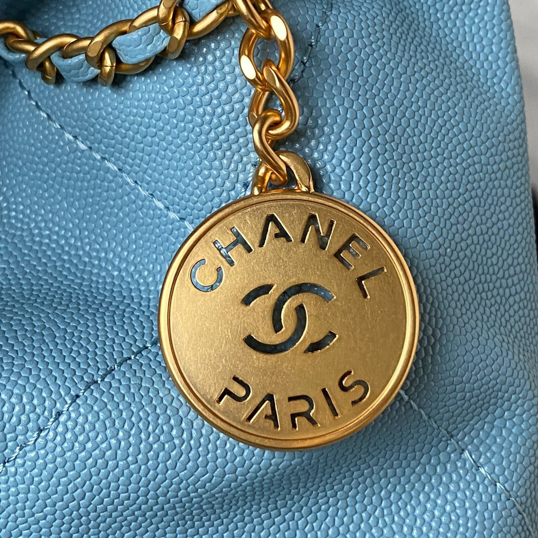 Ch*el 22 mini handbag grained leather blue 7.8 × 7.4 × 2.3 in
