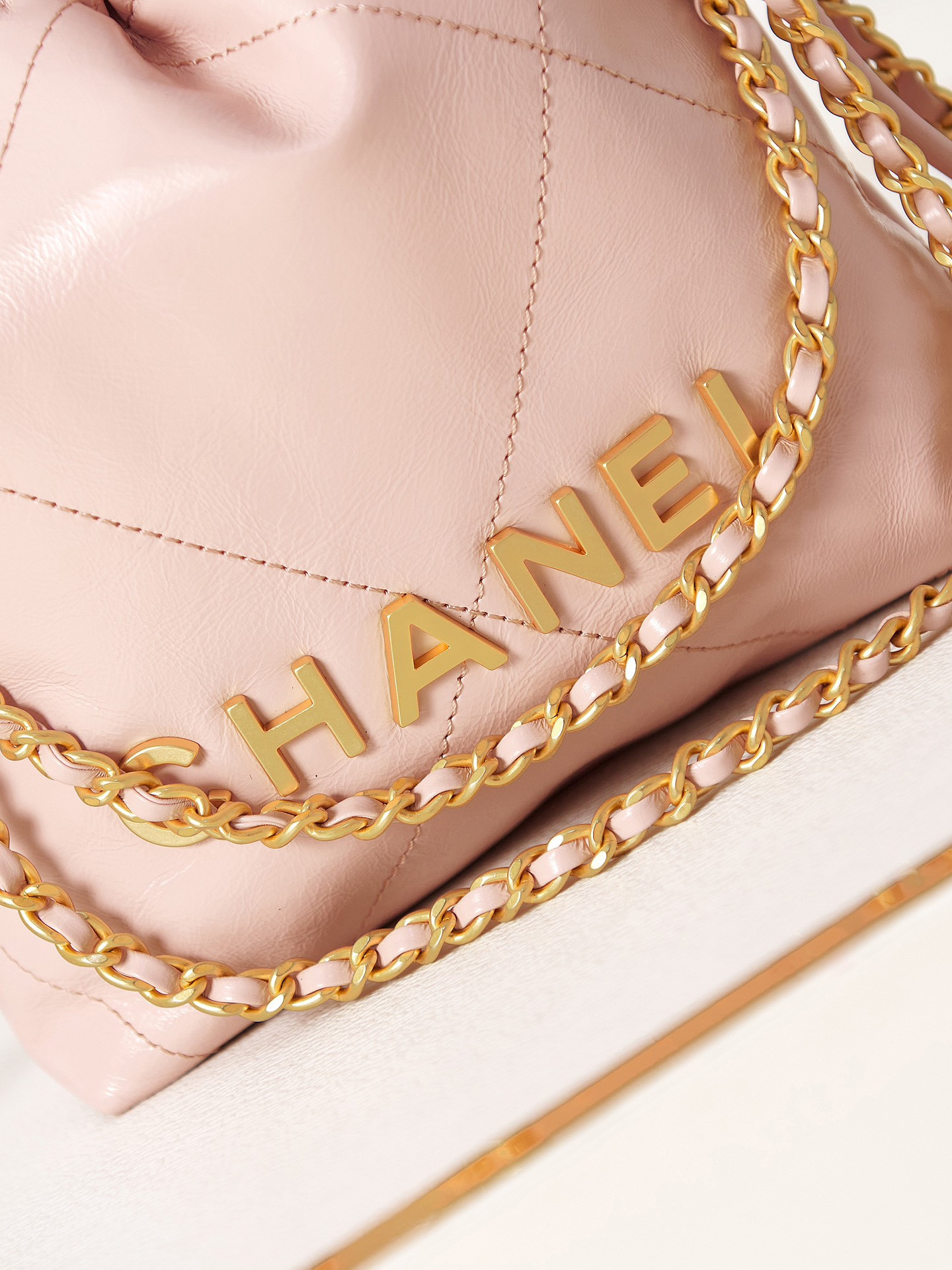 Ch*el 22 mini handbag shiny calfskin pink 7.8 × 7.4 × 2.3 in