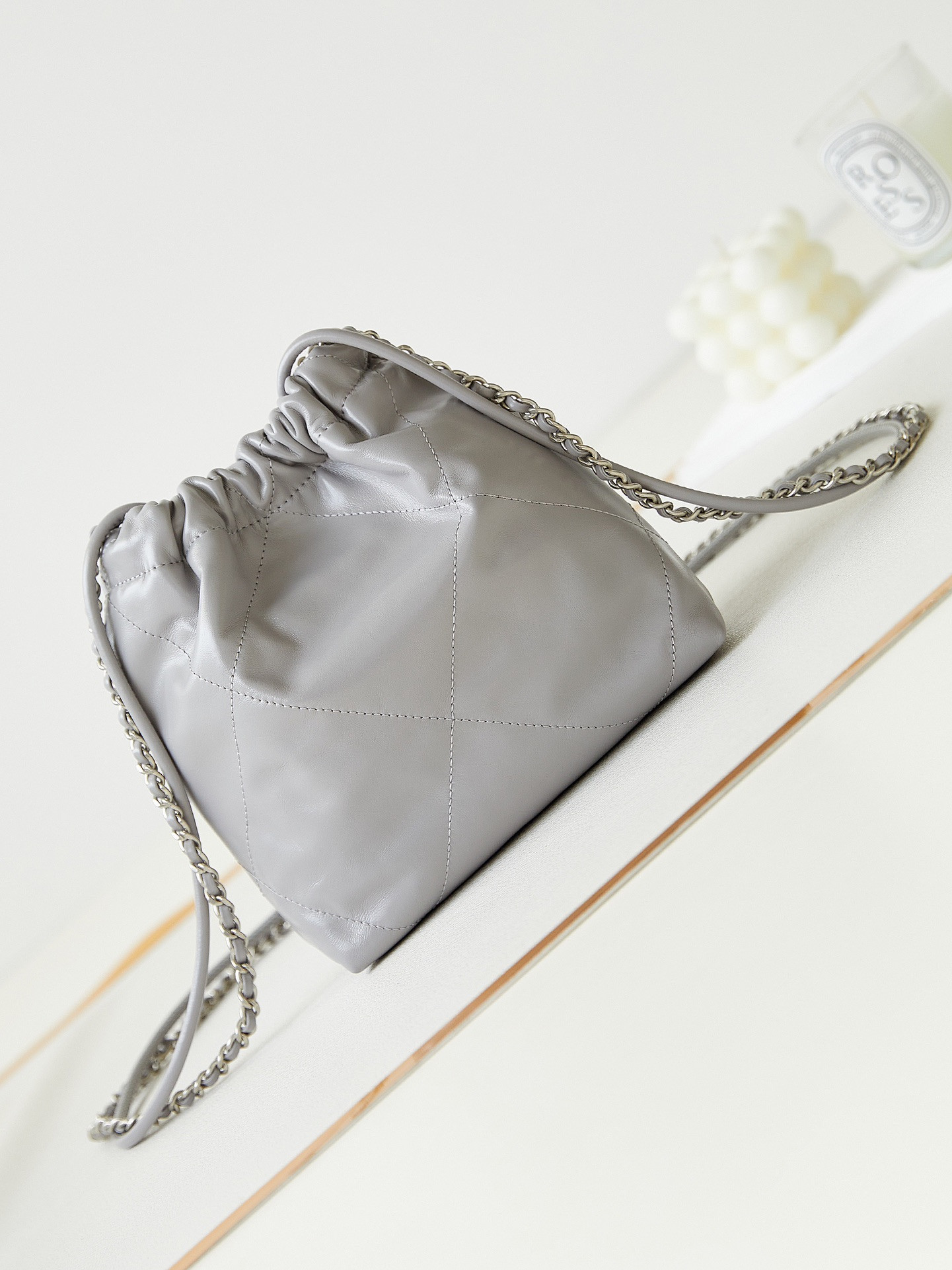 Ch*el 22 mini handbag shiny calfskin grey 7.8 × 7.4 × 2.3 in
