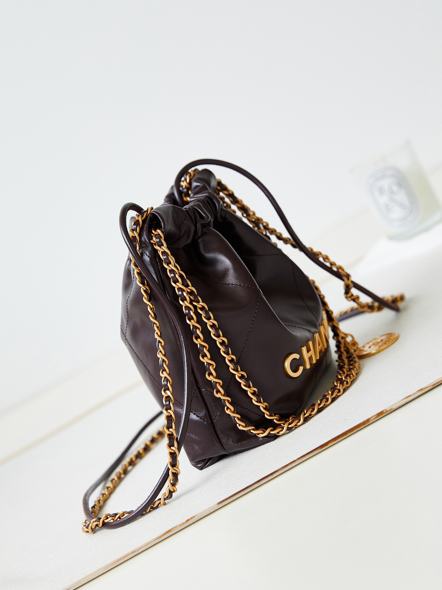 Ch*el 22 mini handbag shiny calfskin 7.8 × 7.4 × 2.3 in