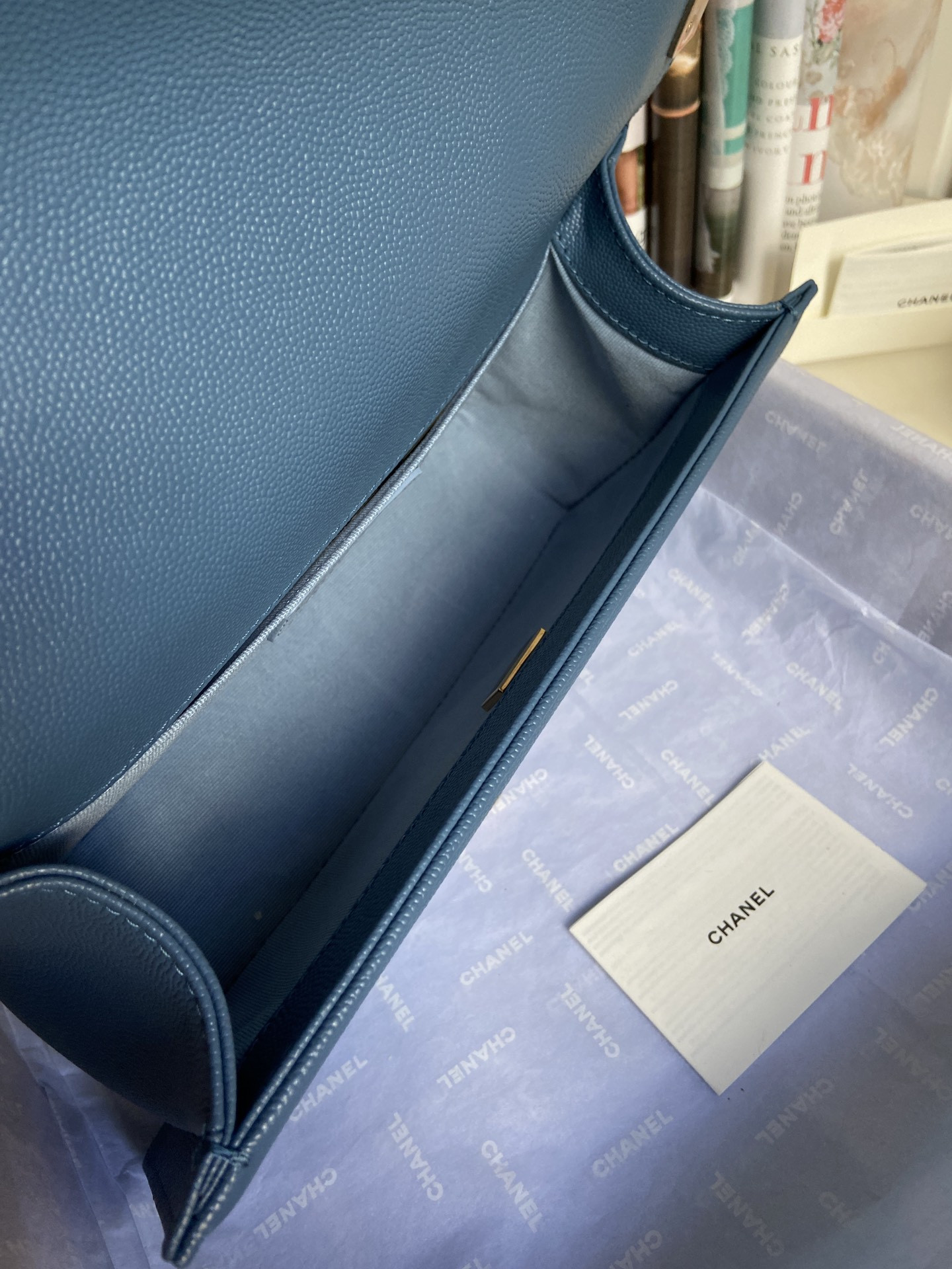 boy Ch*el handbag shiny grained calfskin & gold-tone metal blue 5.9 × 9.8 × 3.5 in