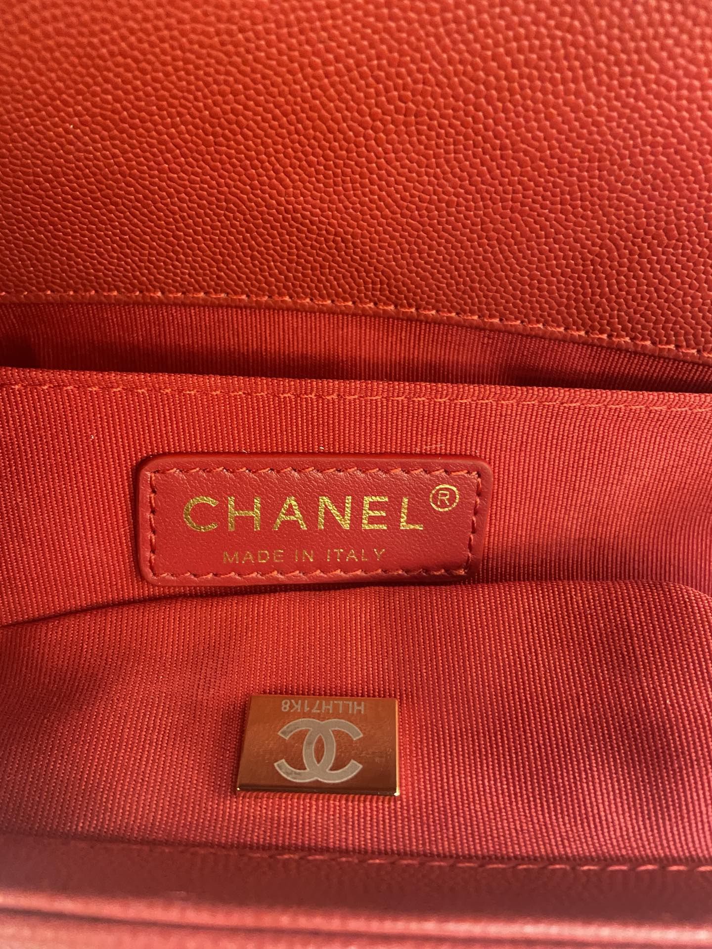 boy Ch*el handbag shiny red grained calfskin & gold-tone metal 5.9 × 9.8 × 3.5 in