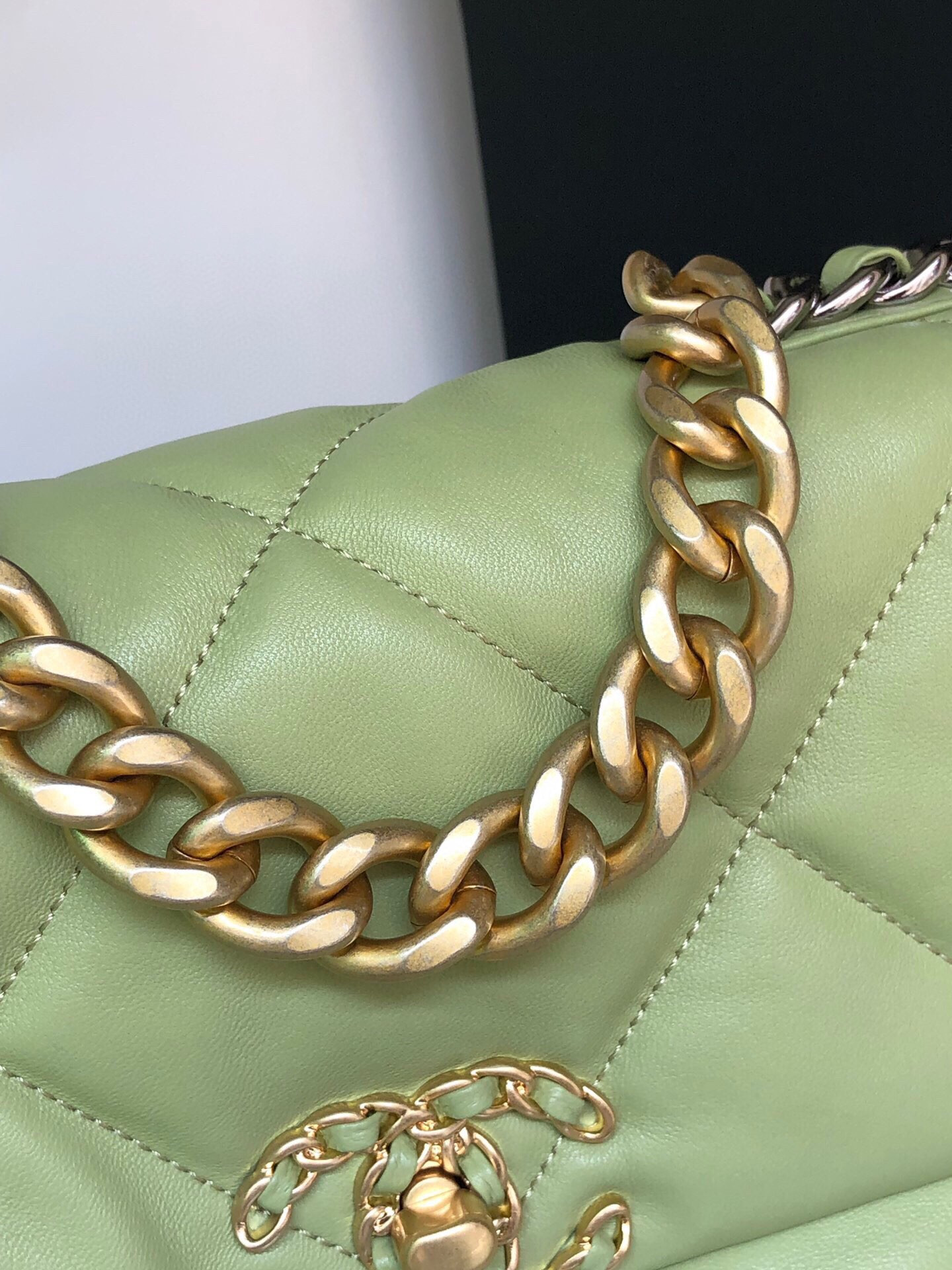 Ch*el 19 handbag shiny leather, gold-tone, silver-tone & ruthenium-finish metal light green 6.2 × 10.1 × 3.5 in