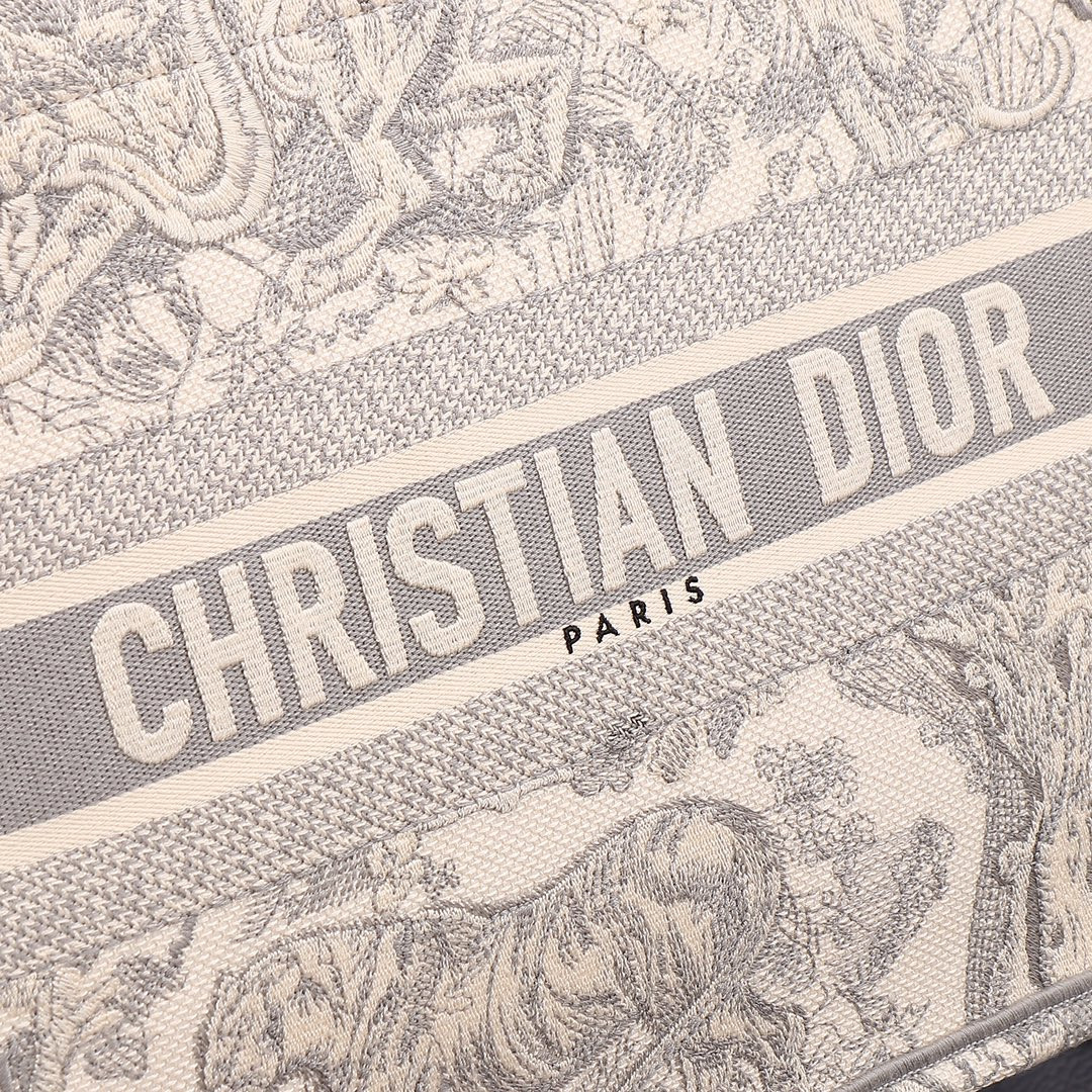 medium D*or book tote ecru and gray toile de jouy embroidery 14 x 11 x 6.5 inches