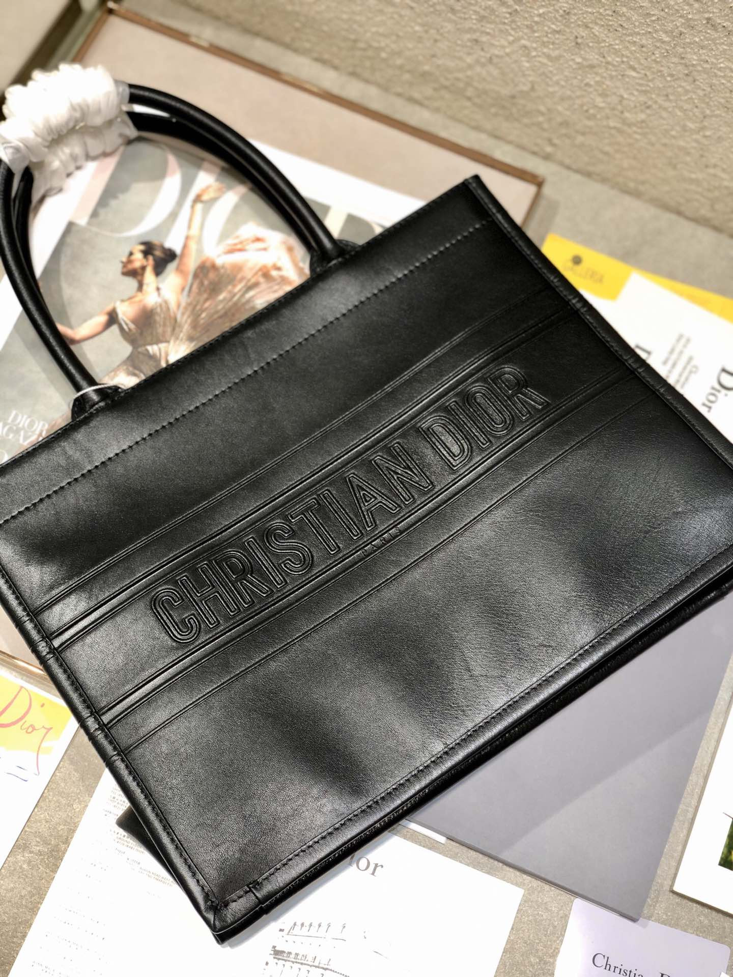 calfskin embossed medium D*or book tote black 14 x 11 x 6.5 inches