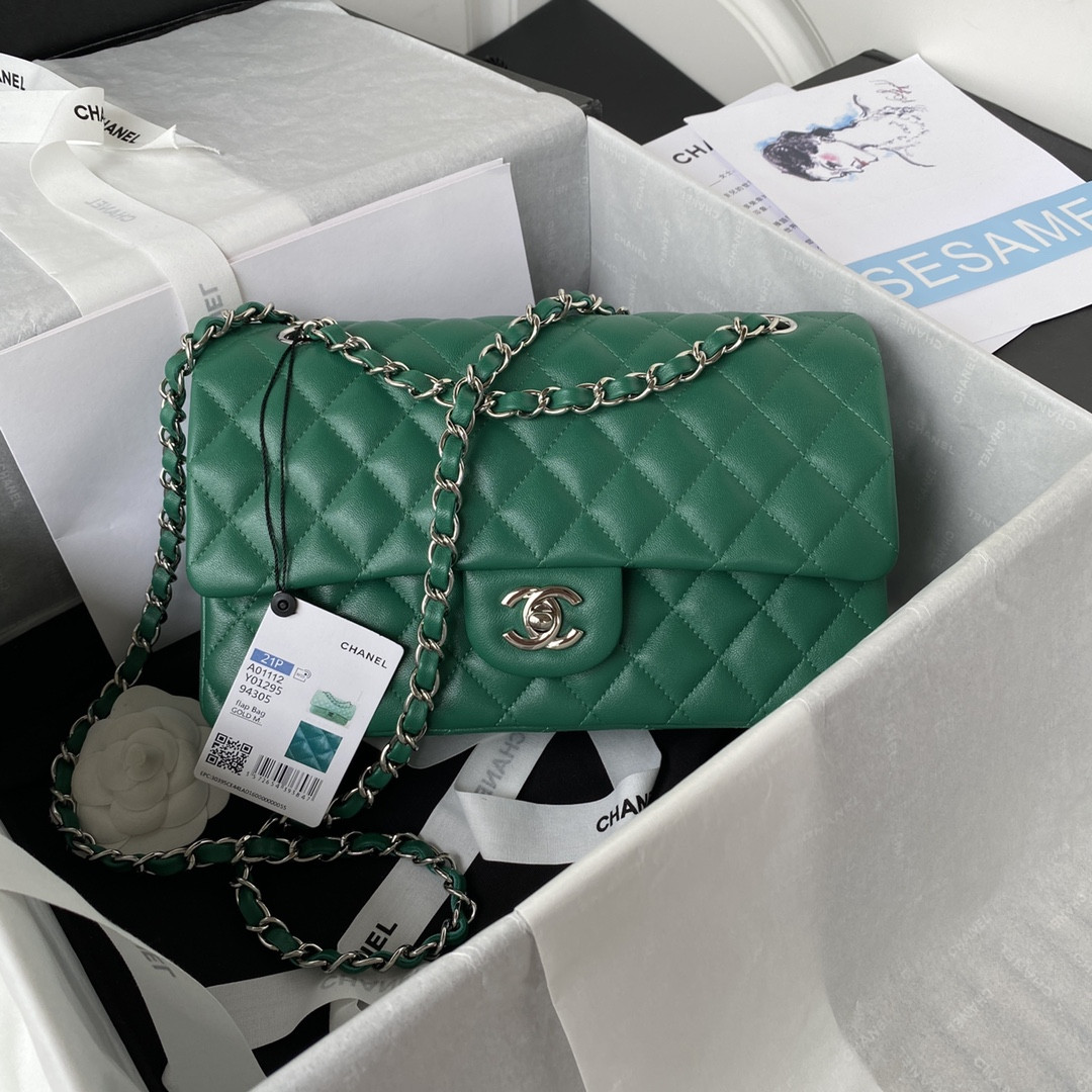 Ch*el classic handbag grained shiny calfskin & silver-tone metal green 6 × 9.9 × 2.5 in