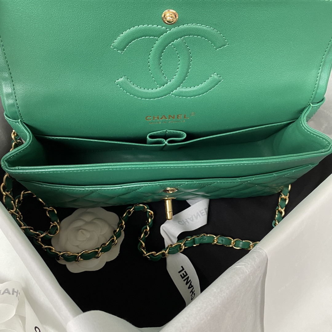 Ch*el classic handbag grained shiny calfskin & gold-tone metal green 6 × 9.9 × 2.5 in