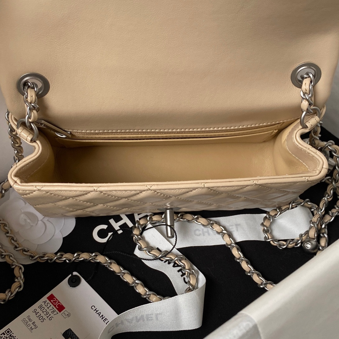 Ch*el mini flap bag shiny calfskin & silver-tone metal light beige 4.7 × 7.8 × 2.3 in