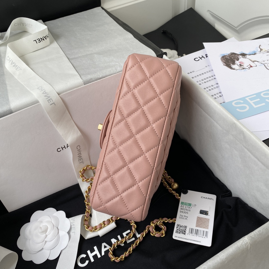 Ch*el mini flap bag shiny calfskin & gold-tone metal pink 4.7 × 7.8 × 2.3 in