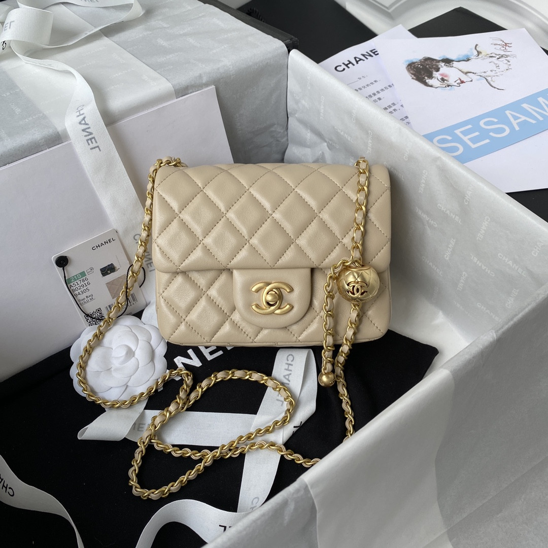Ch*el mini flap bag shiny calfskin & gold-tone metal beige 5.3 × 6.6 × 3.1 in