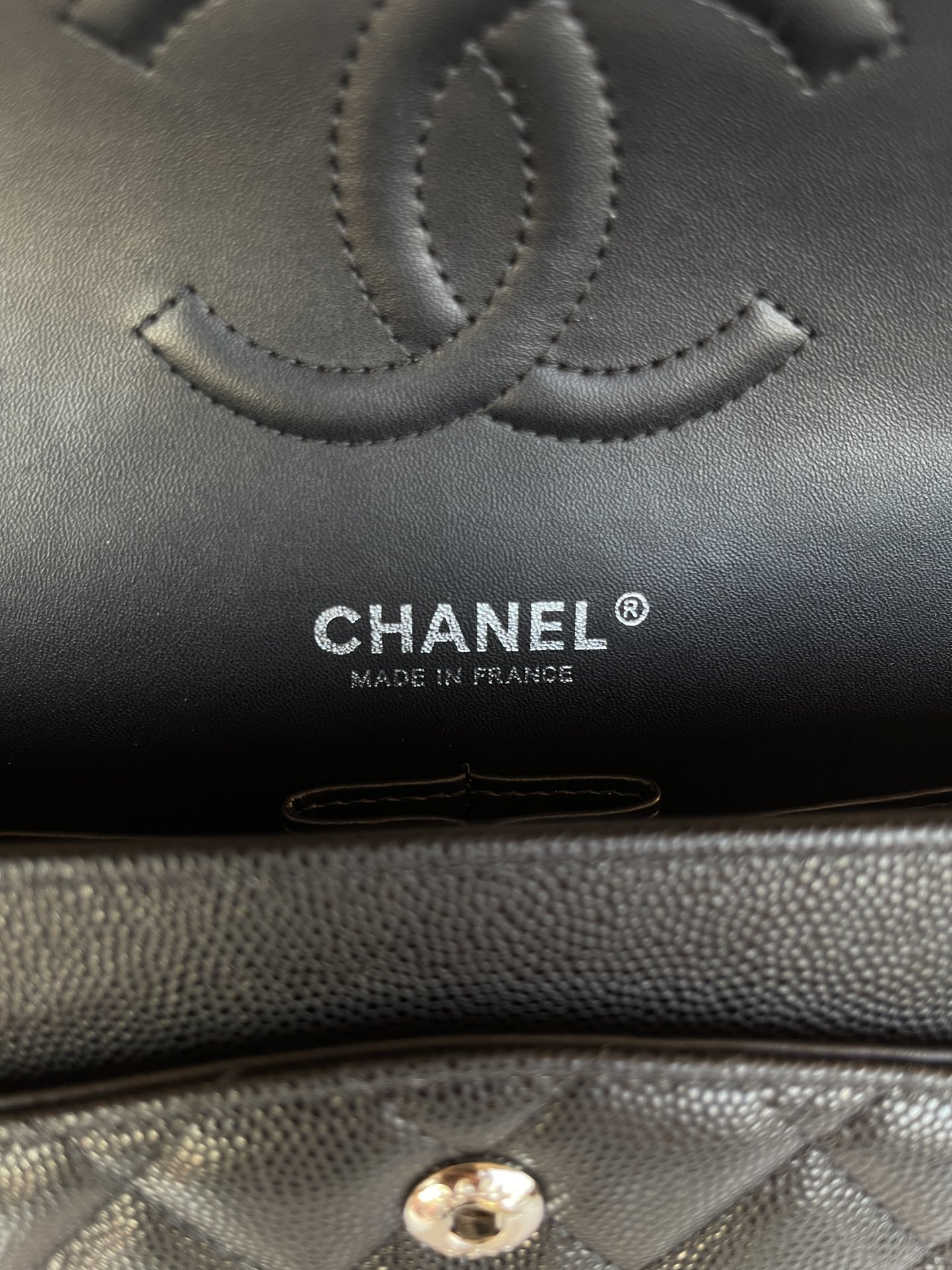 Ch*el classic handbag grained calfskin 6 × 9.9 × 2.5 in