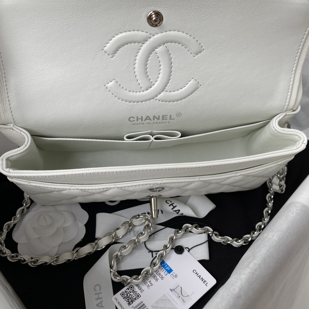 Ch*el small classic handbag grained calfskin & silver-tone metal white 5.7 × 9 × 2.3 in