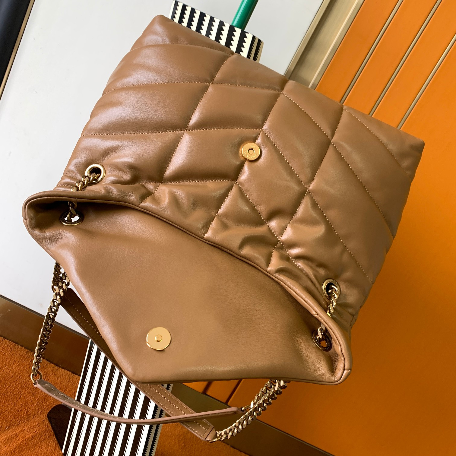 Y*L puffer medium in nappa leather brown 13.7 x 9 x 5.3 inches
