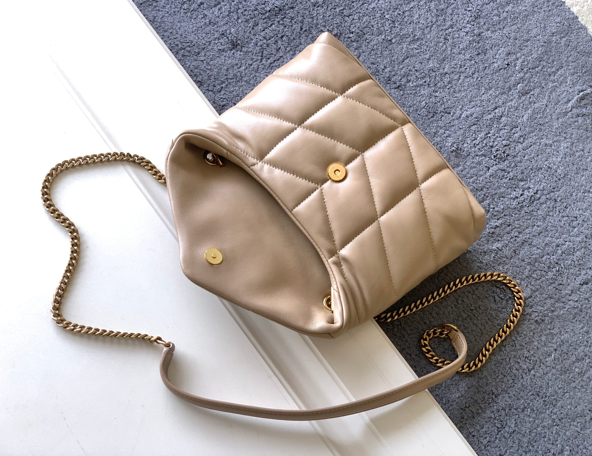 Y*L puffer medium in nappa leather dark beige 13.7 x 9 x 5.3 inches