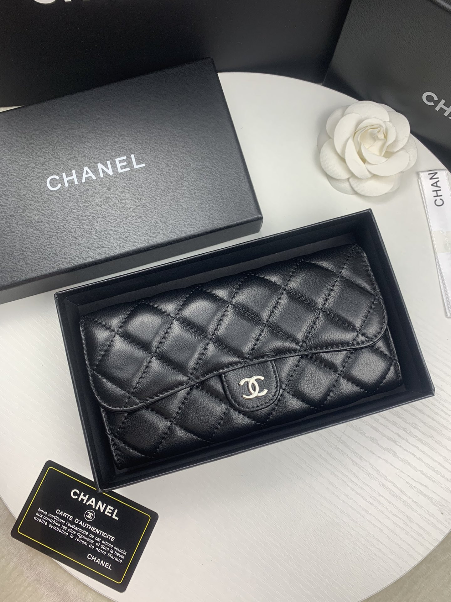 Ch*el flap wallet black silver 19.5 x10 cm