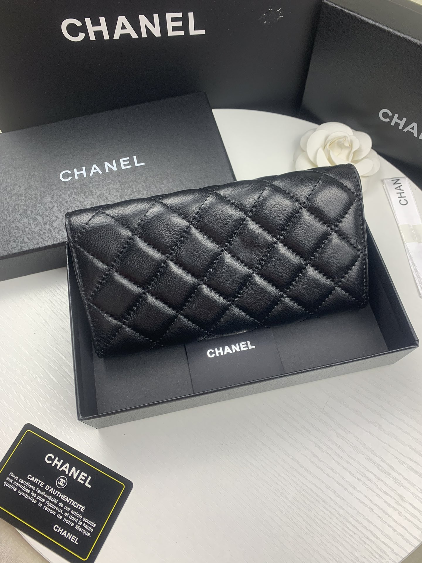 Ch*el flap wallet black 19.5 x10 cm