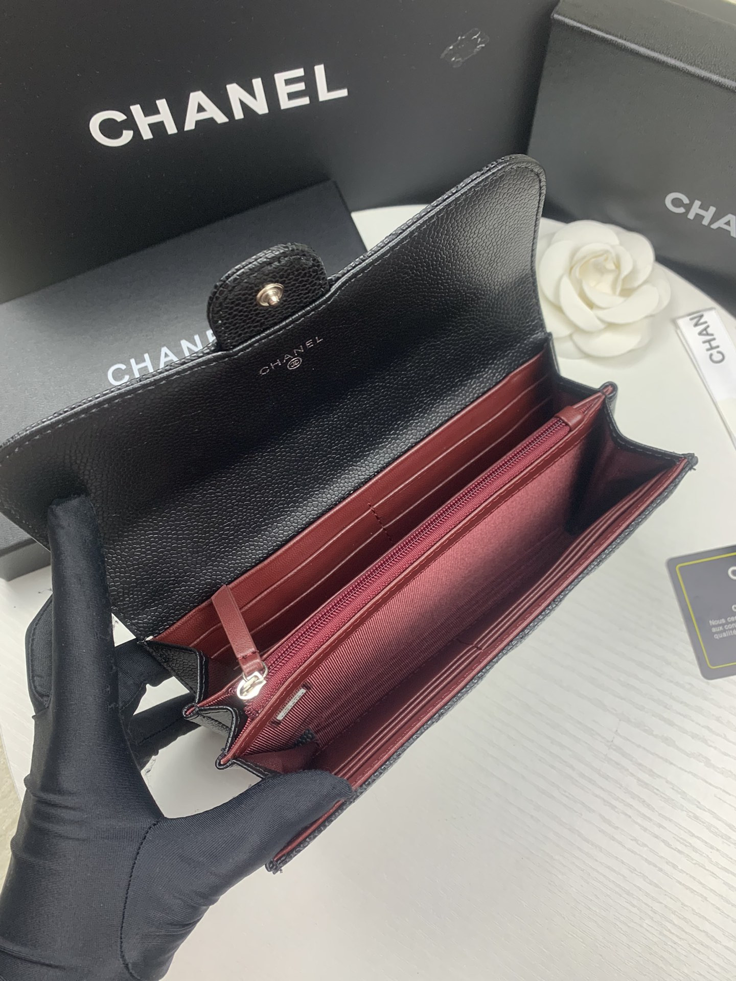 Ch*el flap wallet grained leather black 19.5 x10 cm