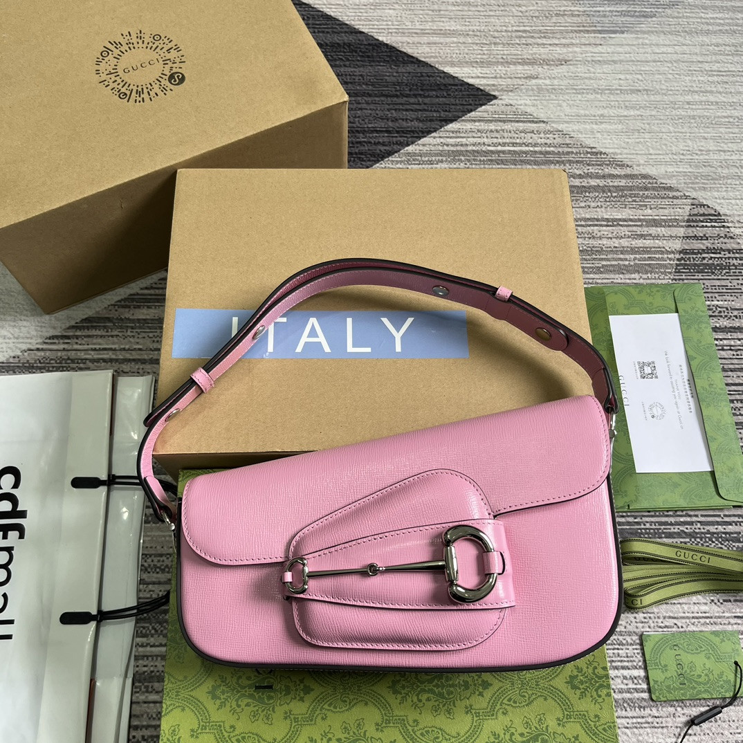 G*u*i horsebit 1955 small shoulder bag pink 10.4"w x 6.7-4.1"h x 3.1-1.6"d