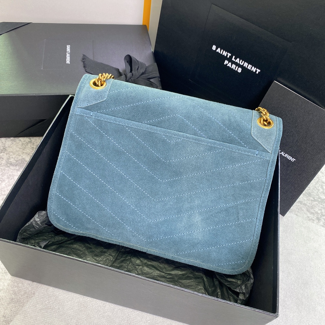 Y*L niki medium in suede blue 11 x 7.8 x 3.3 inches