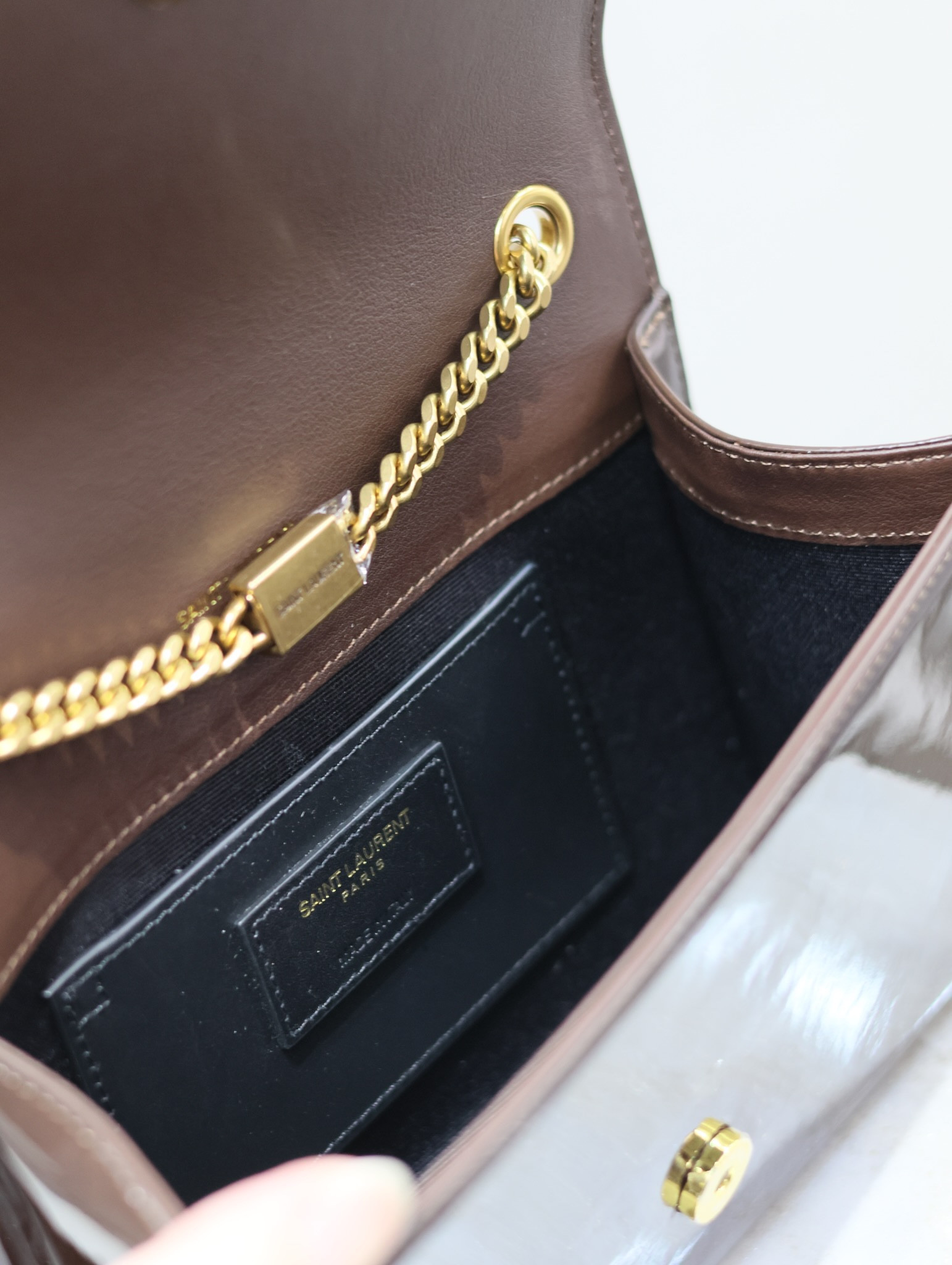 Y*L kate small in shiny leather coffee 7.8 x 4.9 x 1.9 inches