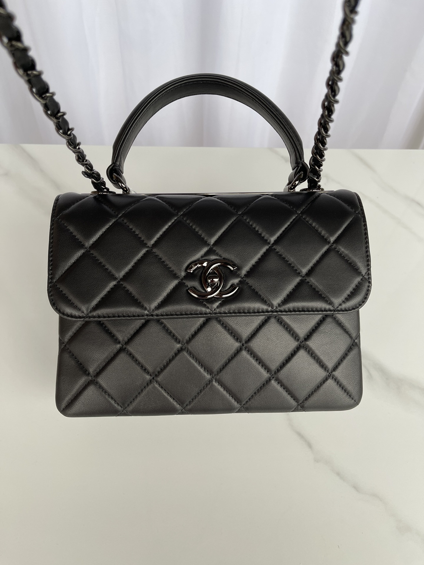 Ch*el flap bag with top handle black 6.6 × 9.8 × 4.7 in