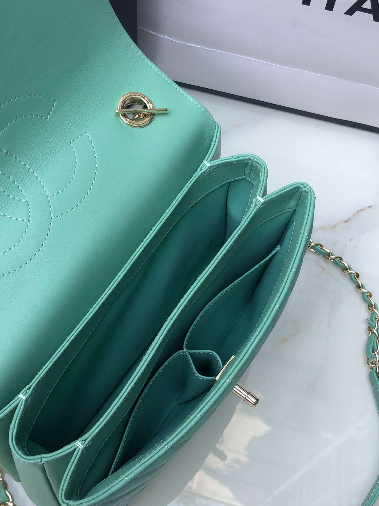 Ch*el flap bag with top handle blue 6.6 × 9.8 × 4.7 in