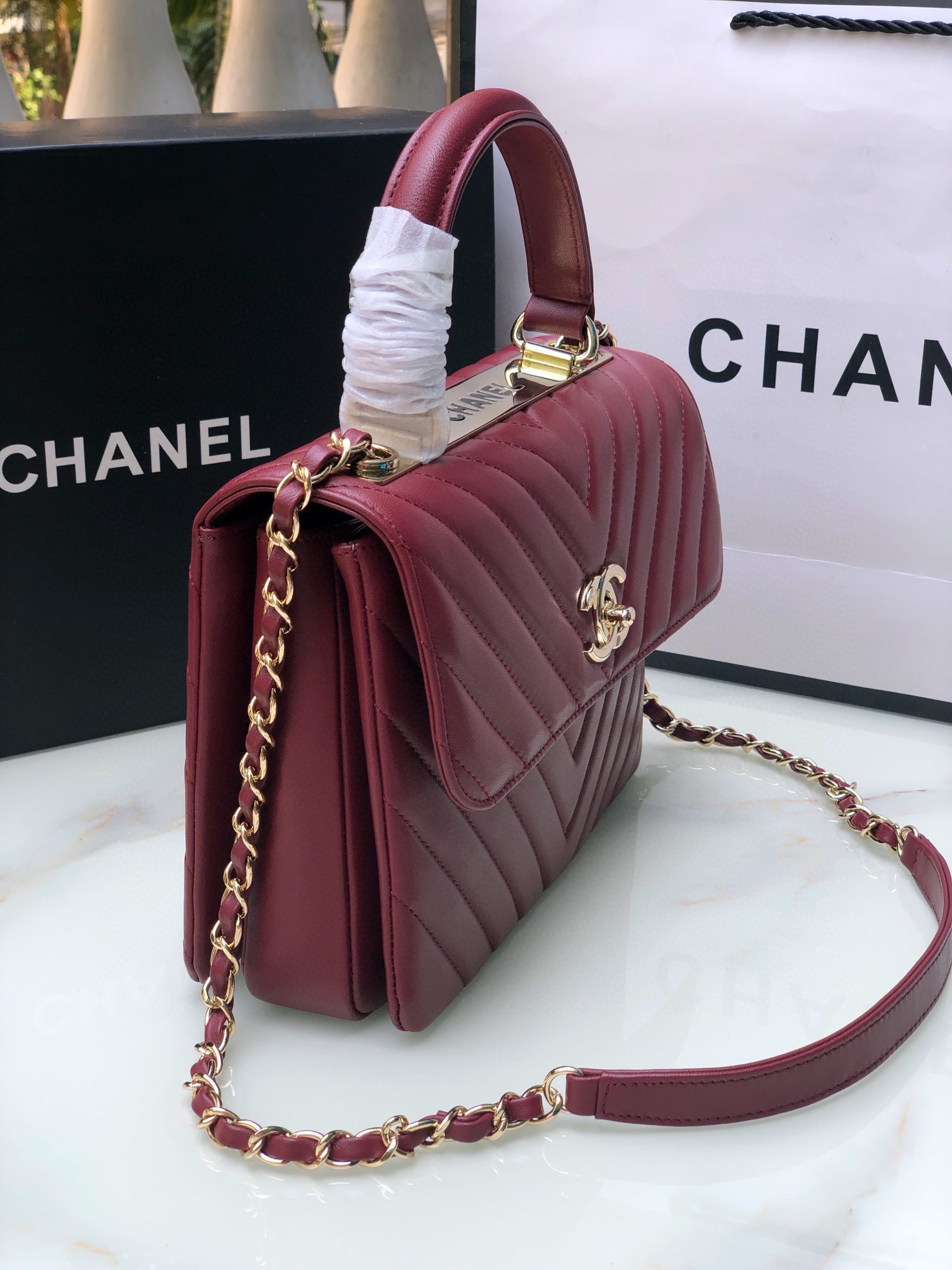 Ch*el flap bag with top handle red 6.6 × 9.8 × 4.7 in