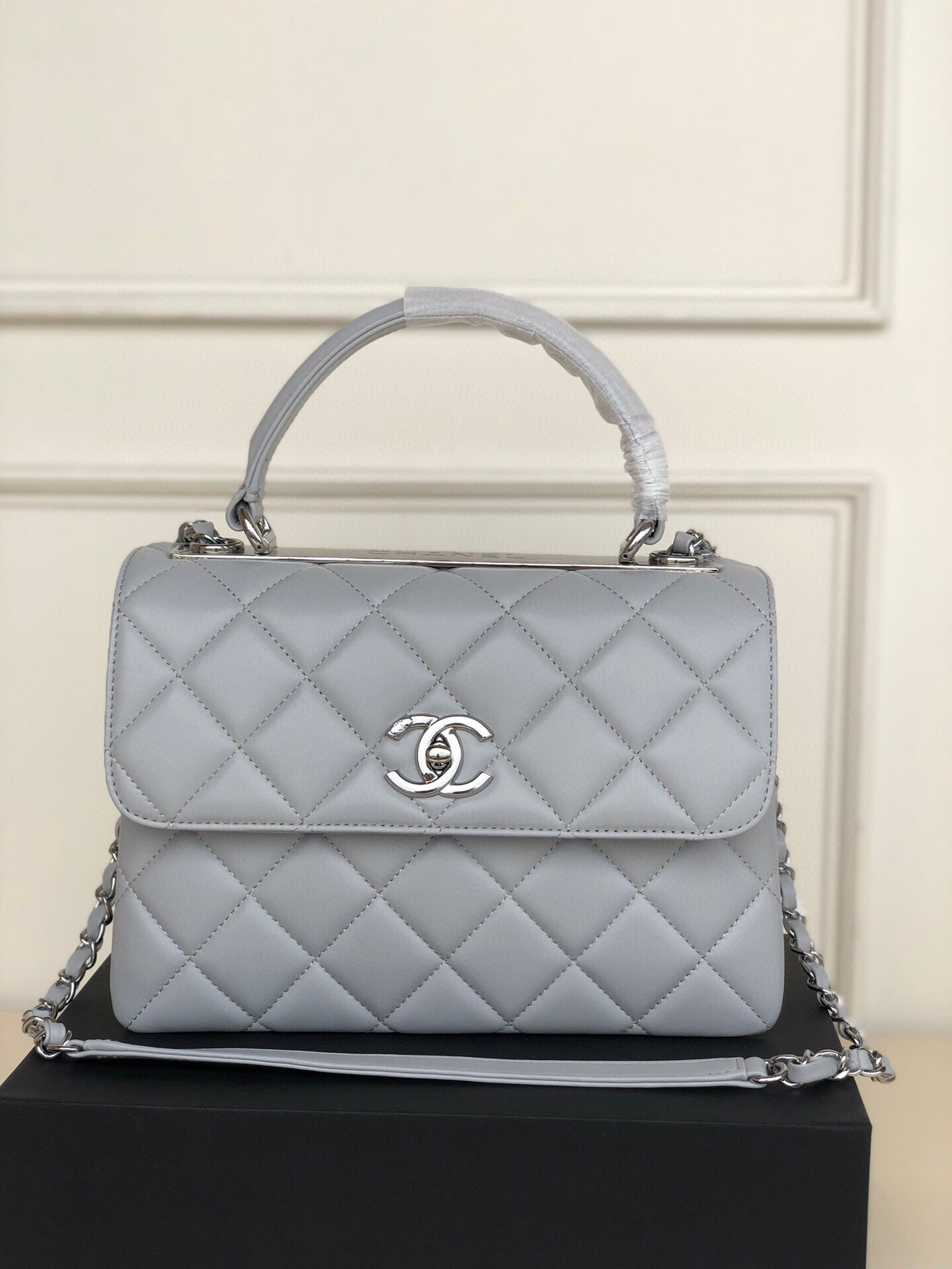 Ch*el flap bag with top handle 6.6 × 9.8 × 4.7 in