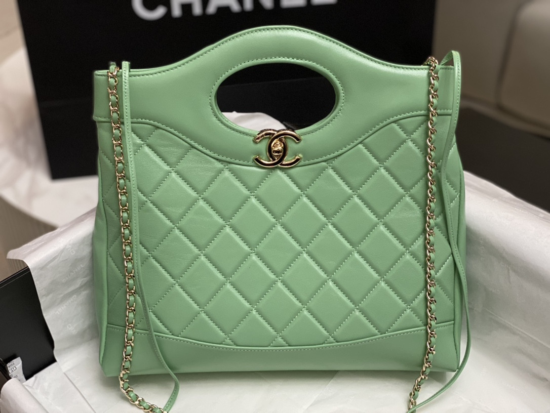 Ch*el shopping bag shiny lambskin & gold-tone metal light green 11.7 × 11.3 × 3.5 in