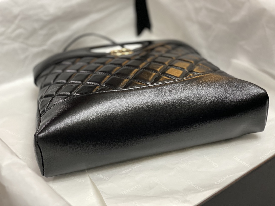 Ch*el mini shopping bag shiny lambskin & gold-tone metal black 22x23x5.5cm