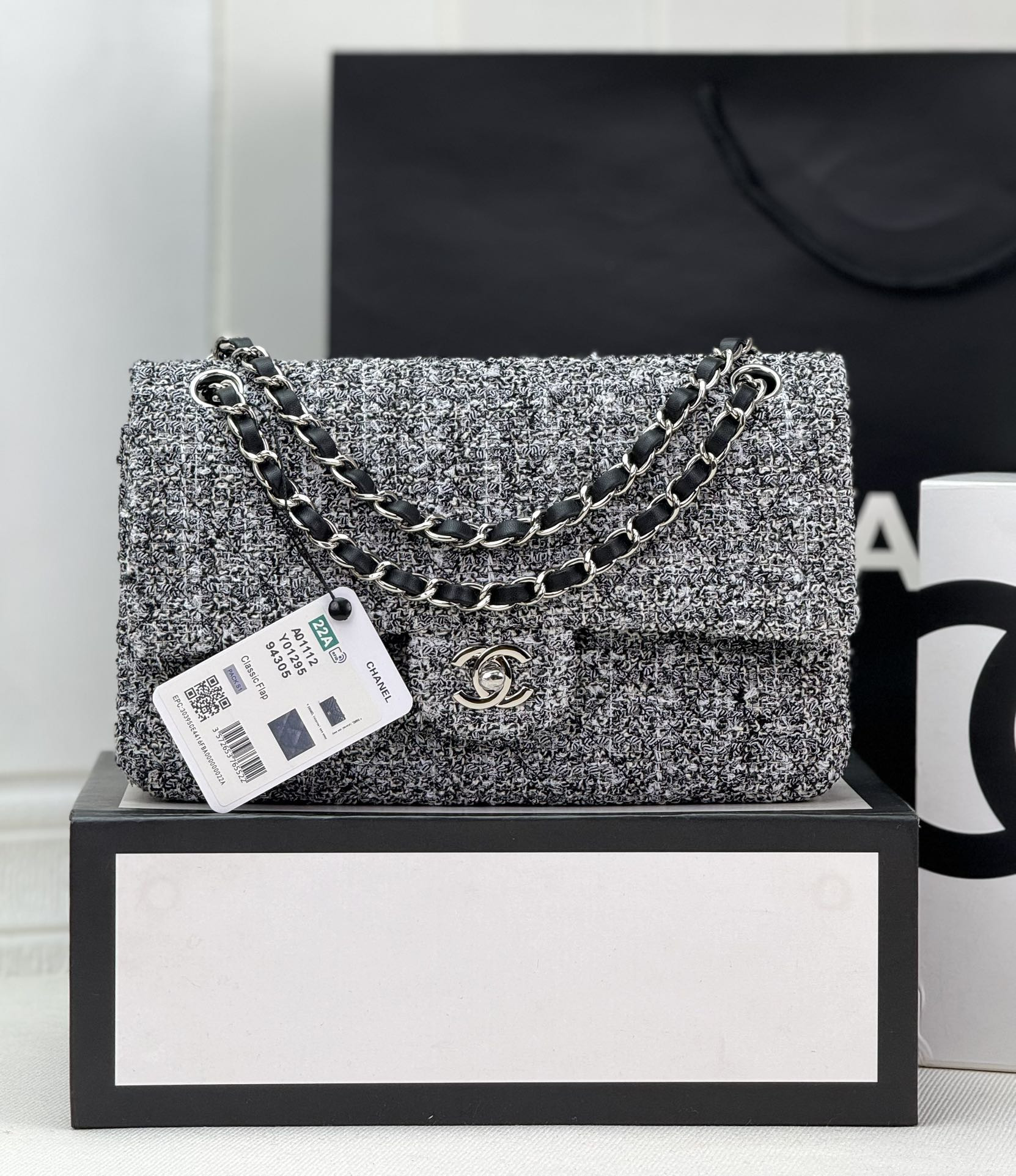 Ch*el classic 11.12 handbag tweed & silver-tone metal  6 × 9.9 × 2.5 in