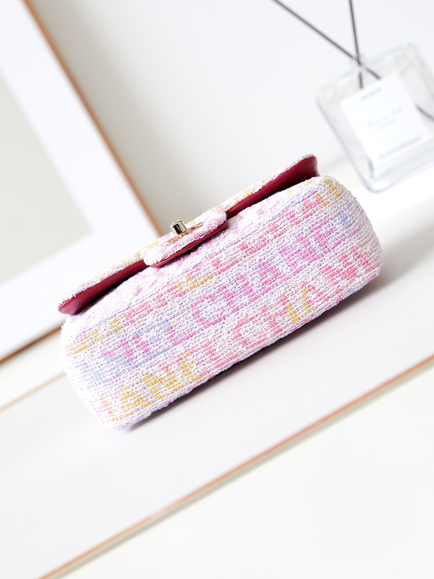 Ch*el quilted pink multicolor tweed mini rectangular flap bag 20×10×7cm