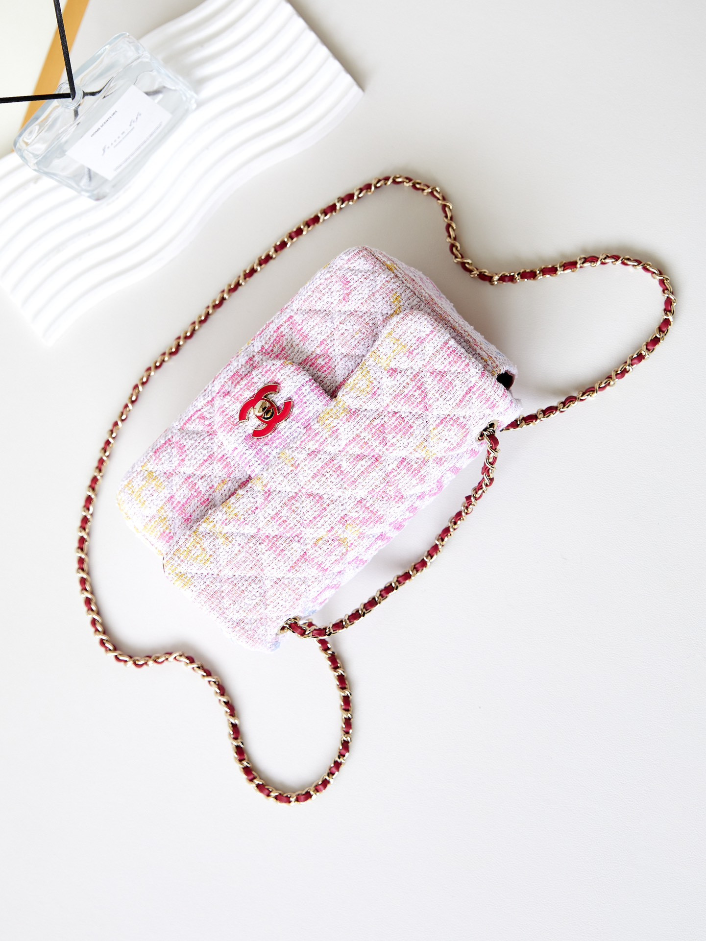 Ch*el quilted pink multicolor tweed mini rectangular flap bag 20×10×7cm