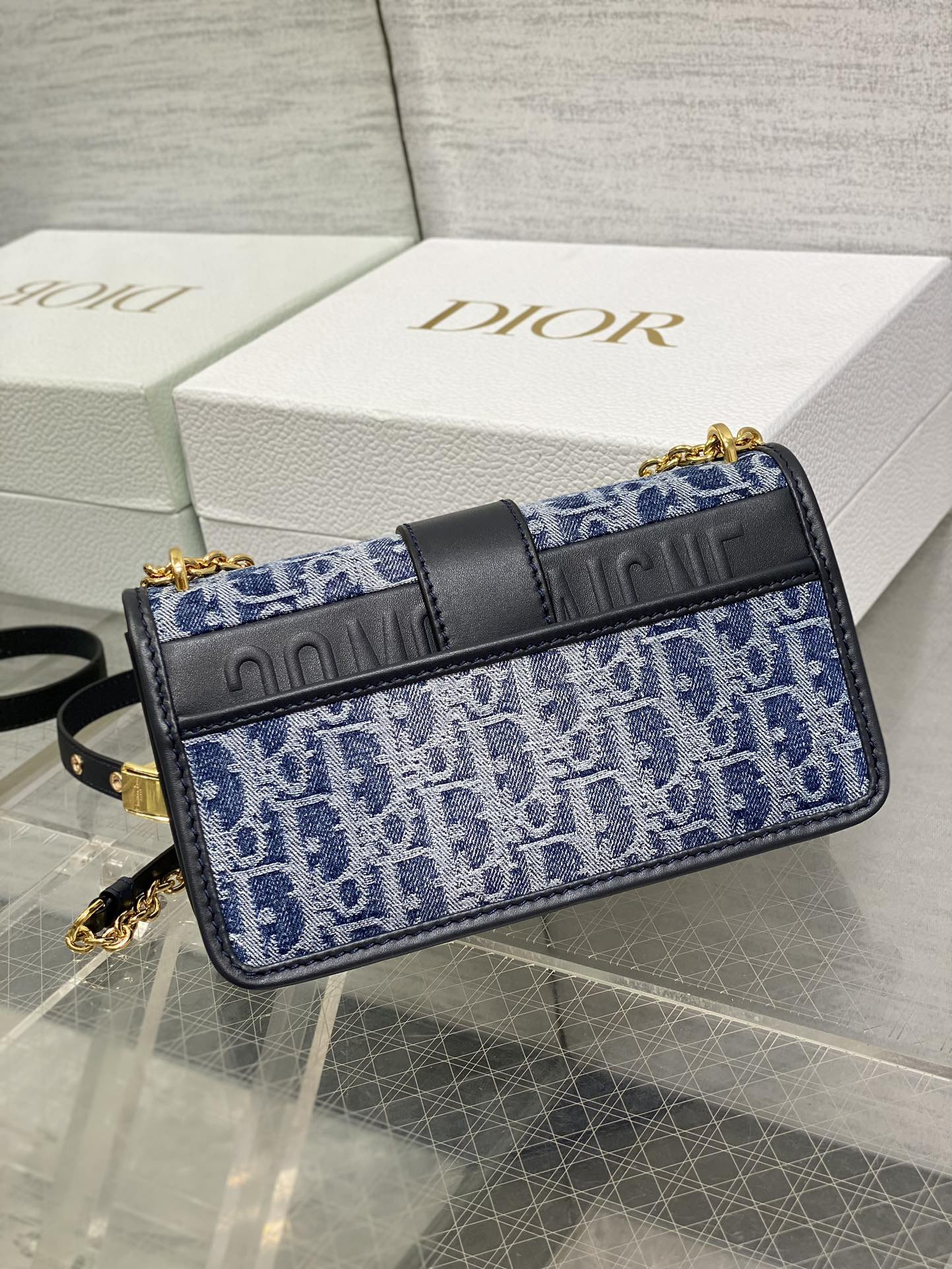 D*or 30 montaigne east-west bag with chain blue denim D*or oblique jacquard  21 x 12 x 6 cm